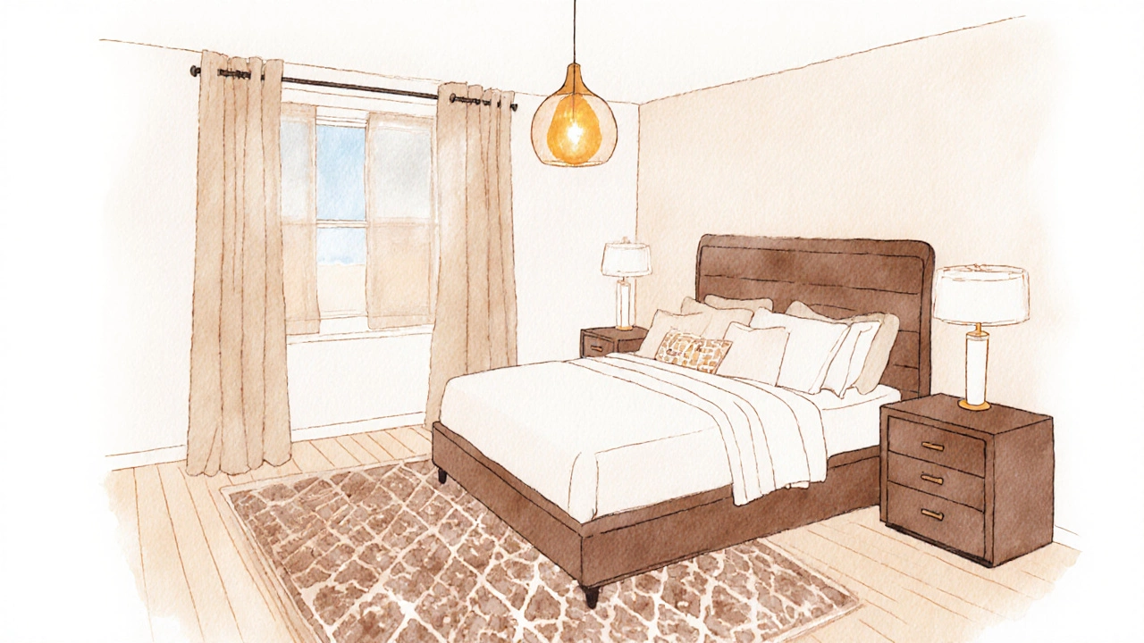Bedroom mid‑renovation with bed, rug, curtains, pendant light, and bedside lamps.
