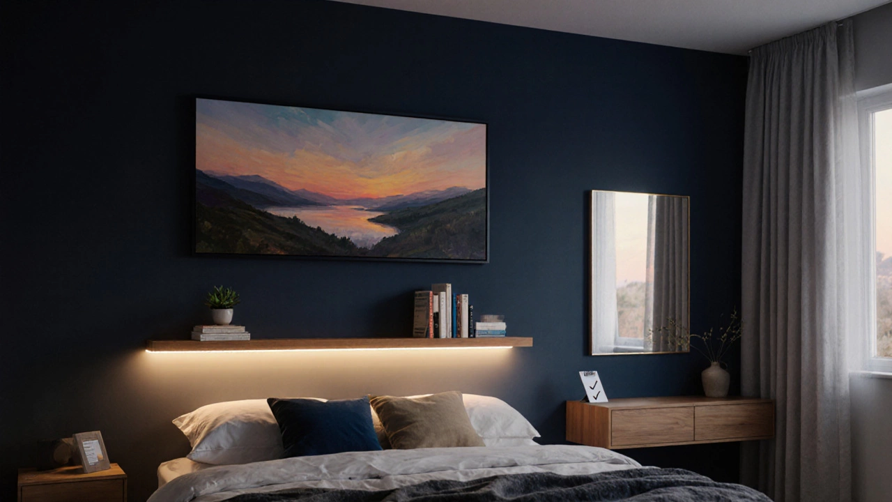 Bedroom wall at dusk with a landscape painting, lit by picture lights, floating shelf, and reflective mirror.