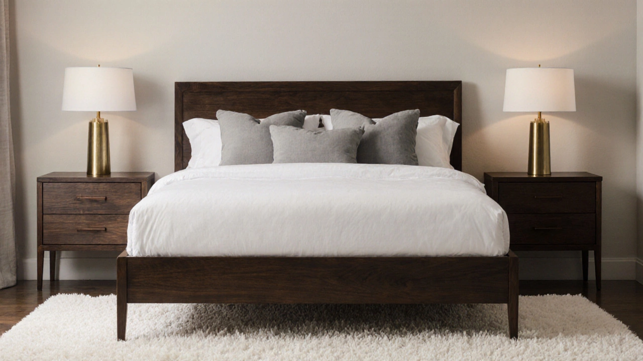 Bedroom with dark headboard, white bedding, brass lamps and light neutral walls.