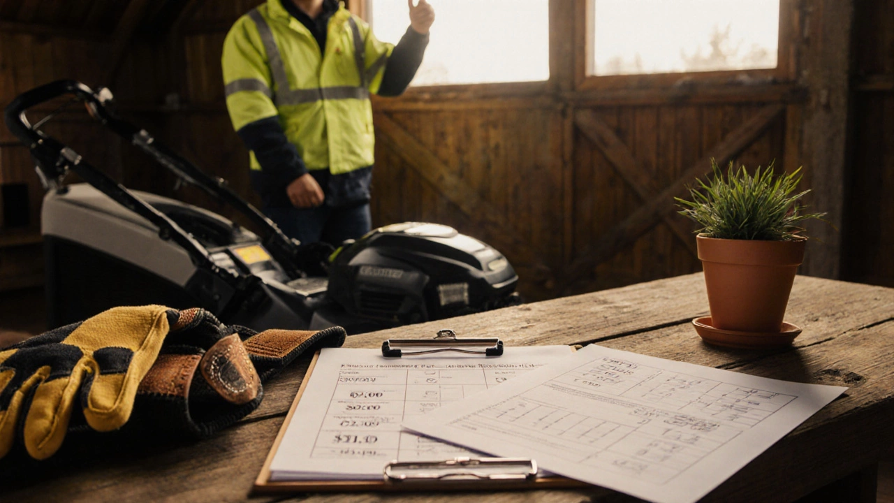 Clipboard with fanned quotes and tools beside a landscaper holding a mower.