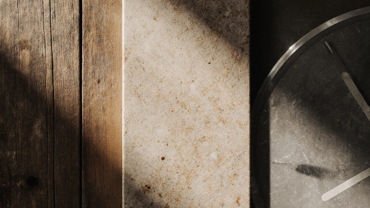 Close‑up of hardwood, stone, and polished concrete floors highlighting texture and patina.
