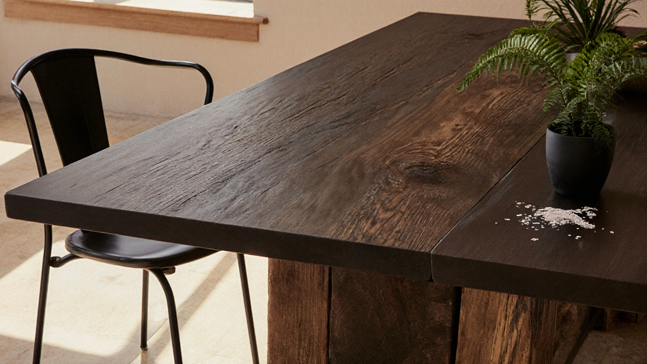 Close-up of reclaimed dark wood dining table with powder‑coated metal chair and natural light.