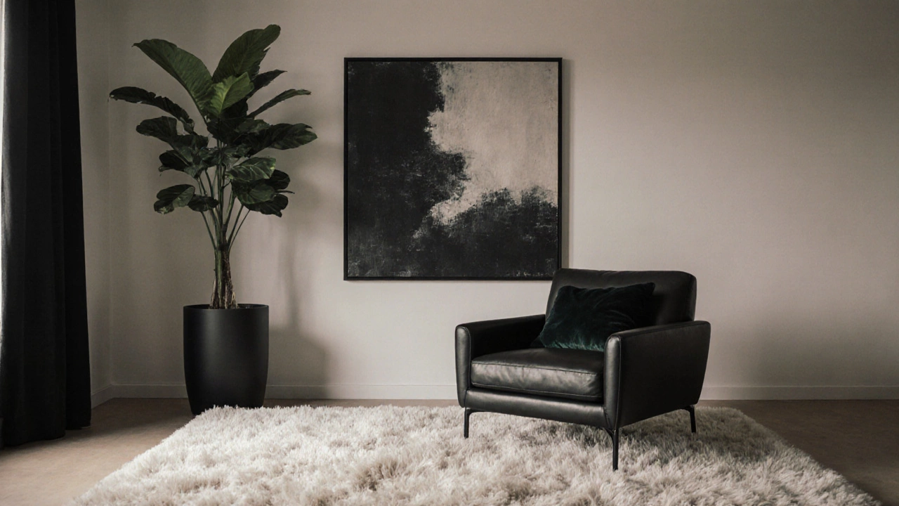 Clutter‑free lounge with abstract art, sculptural plant, plush rug, leather chair, and velvet pillow.
