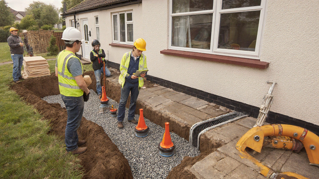 Construction crew performs underpinning and installs a French drain around a house.
