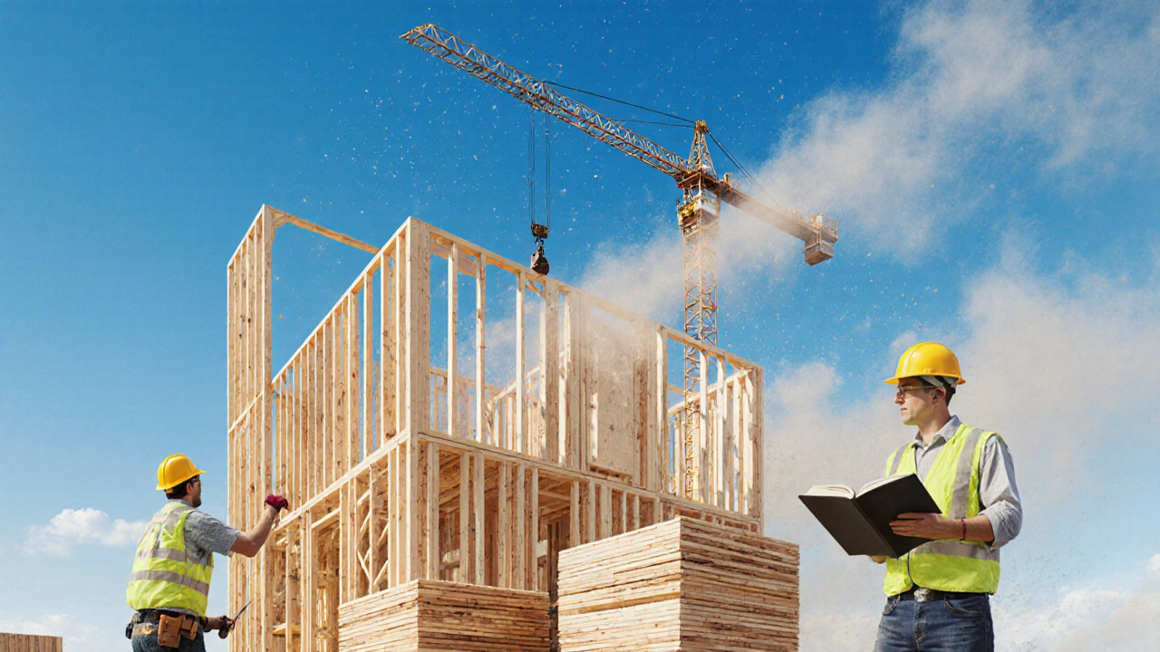 Construction site of a Type 5 building with workers framing walls and inspecting treated lumber.