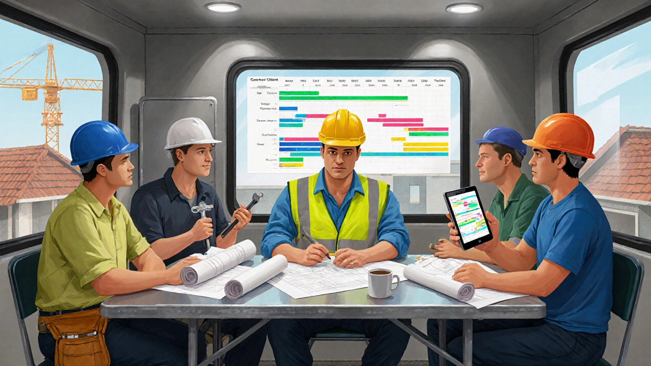Contractor meeting with electrician, plumber, and roofer around plans and a tablet showing a schedule.