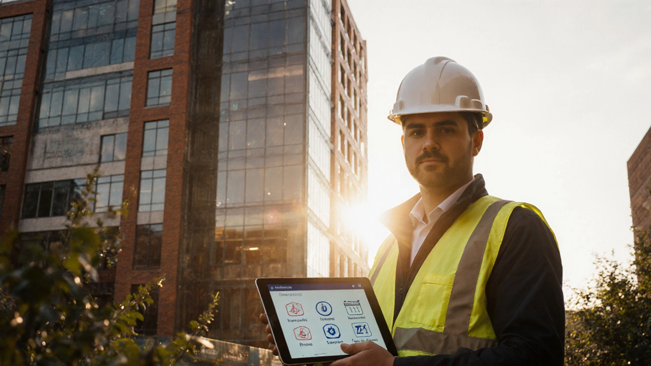 Contractor standing beside a finished UK building at sunset, holding a tablet with permit icons.