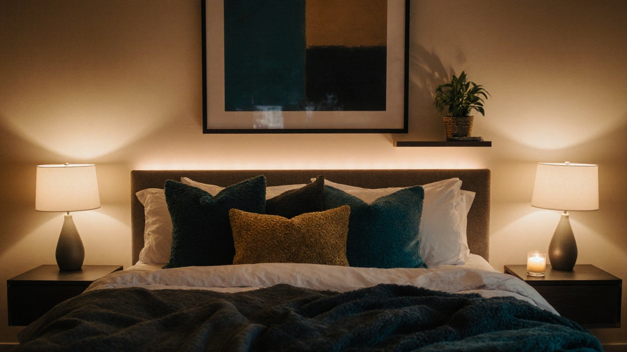 Cozy night‑time bedroom with made bed, artwork, plants, and warm ambient lighting.