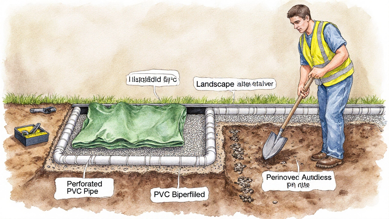 Cross‑section illustration of a French drain trench with layers and a worker.