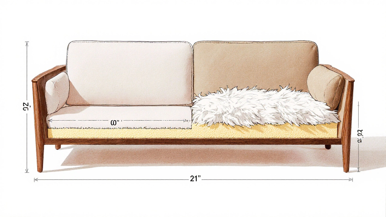 Cutaway illustration of a sofa showing seat width, depth, and back height dimensions.