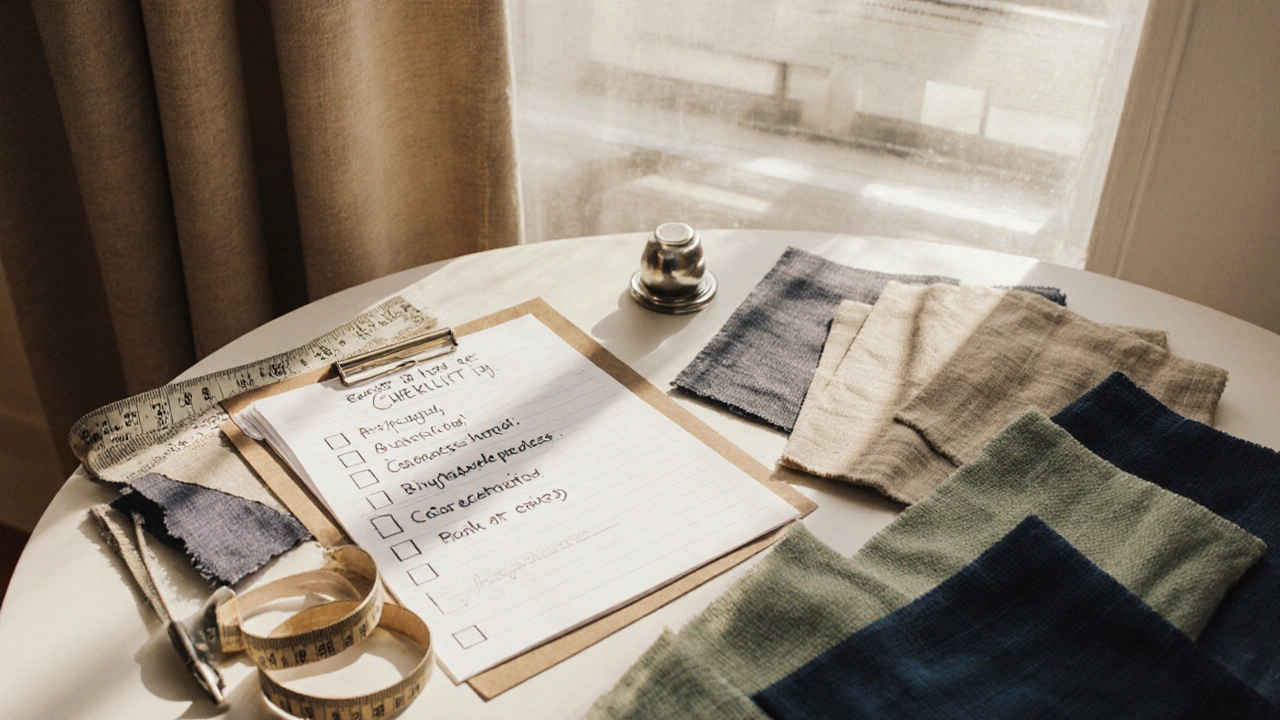Design studio flat lay of curtain samples, hardware, and a checklist for selecting bedroom curtains.
