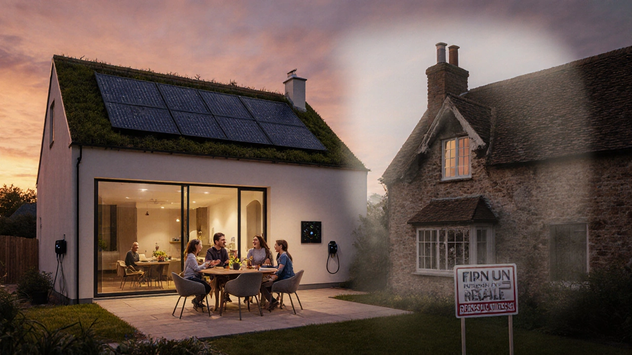 Family enjoying a custom new build with solar panels and EV charger, contrasted with an older home.