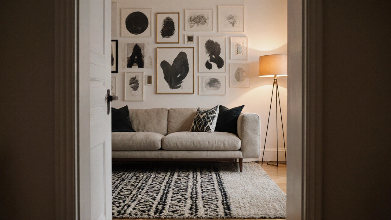 Finished living room combining designer furniture with DIY accessories, lit warmly and ready for resale.