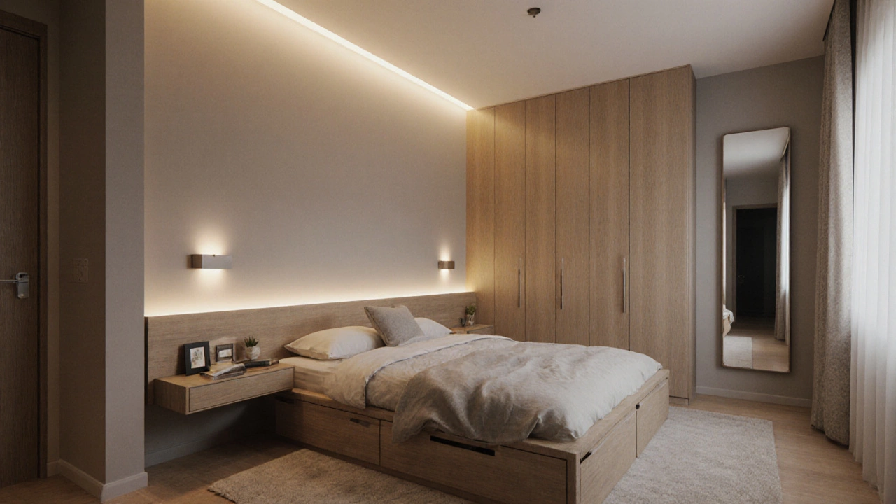Finished small bedroom showing recessed lights, sconces, LED strip, low bed and mirror.