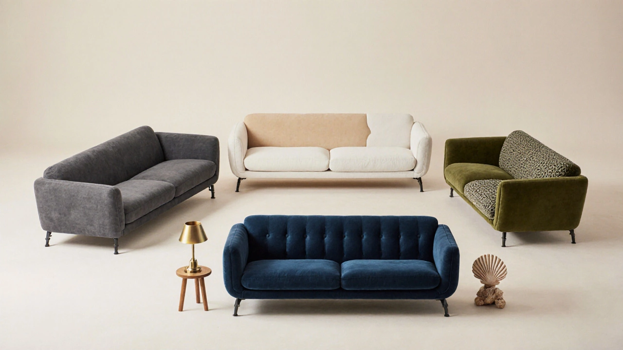 Five sofas in grey, beige, white, navy, and olive arranged together with style hints.