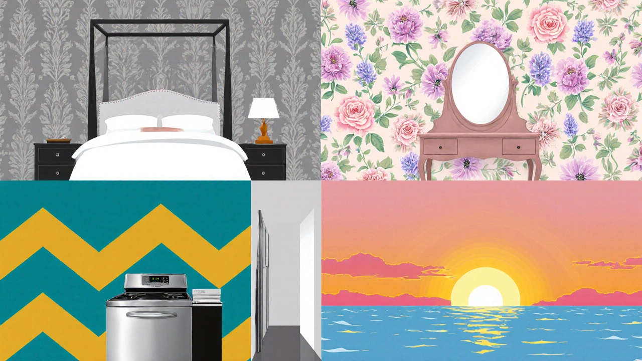 Four-room collage displaying damask, floral, geometric, and mural wallpaper styles.