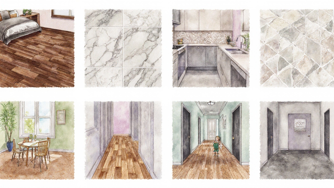 Grid showing eight different timeless flooring types in various room settings.