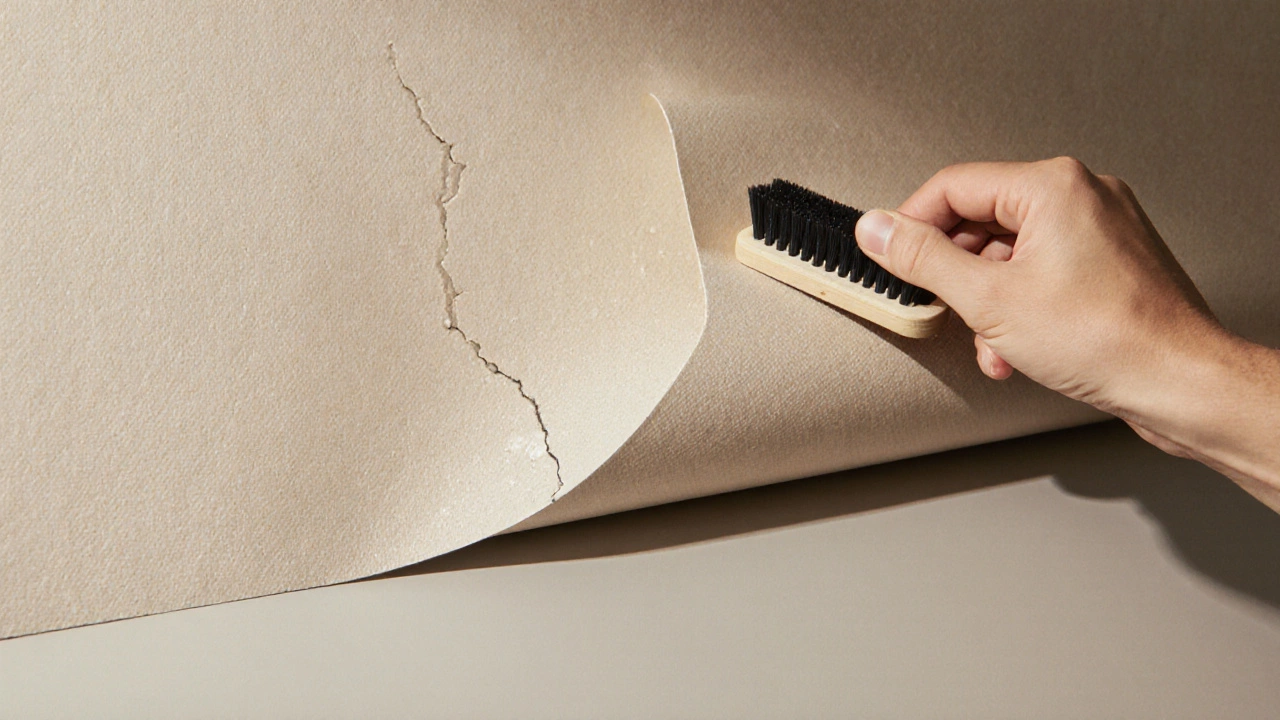 Hand applying textured fabric wallpaper, concealing a wall crack.