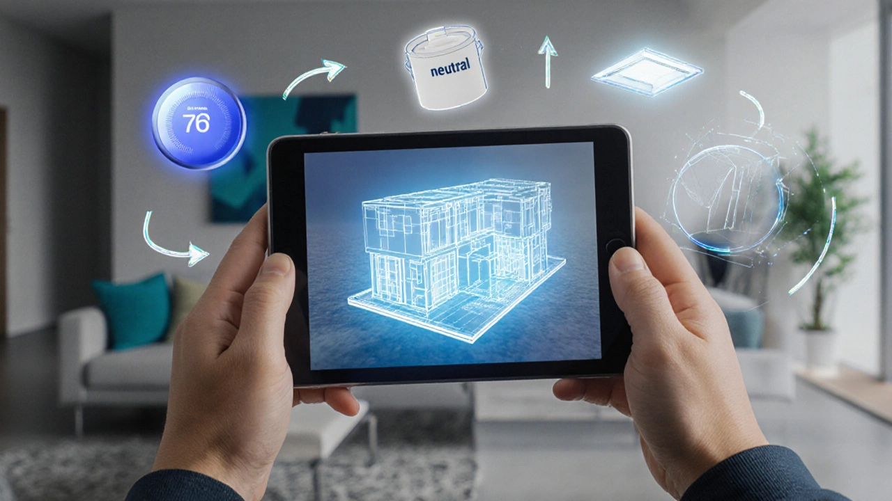 Homeowner examining a 3‑D house model surrounded by symbols of upgrades like smart thermostat and LED lights.