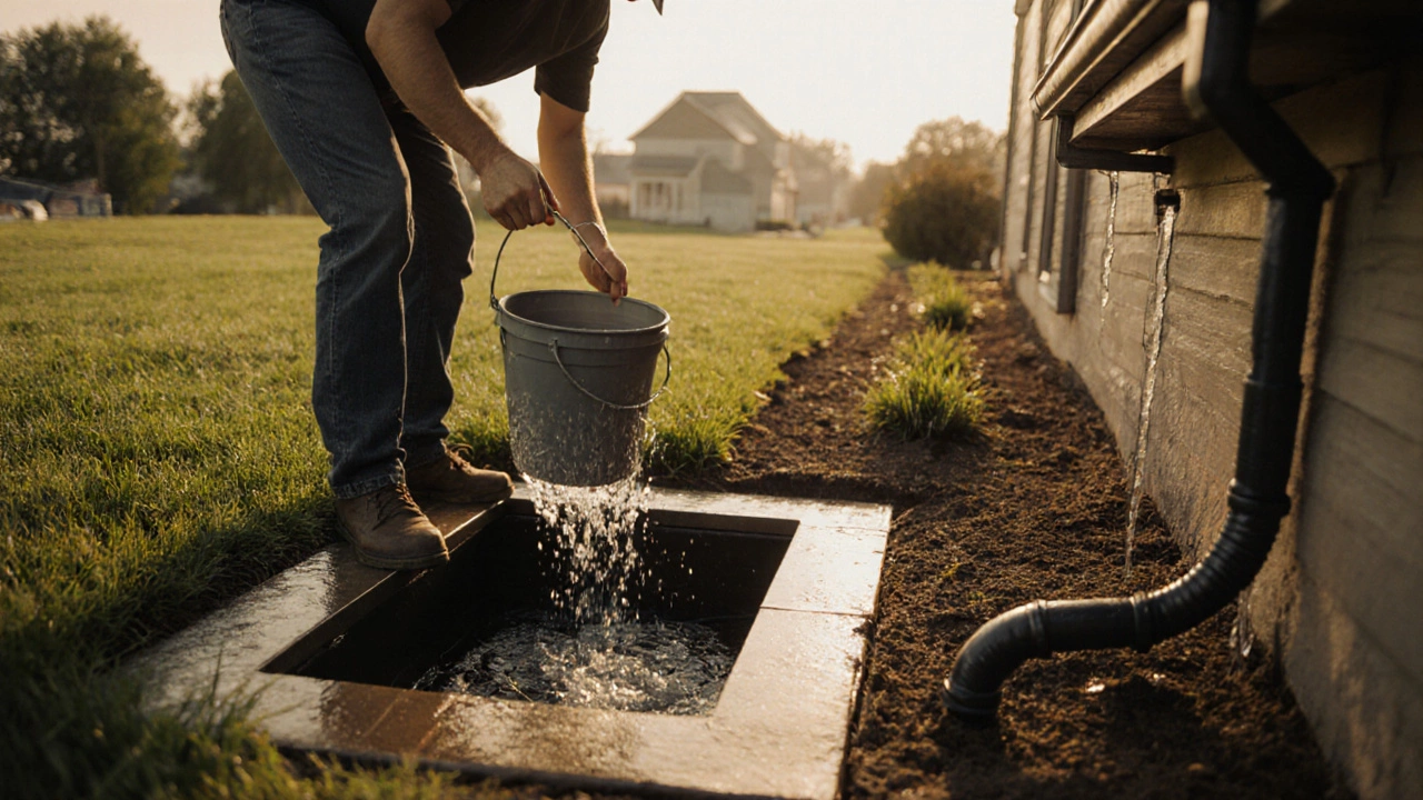 Homeowner testing a sump pump outdoors while checking gutters and grading.