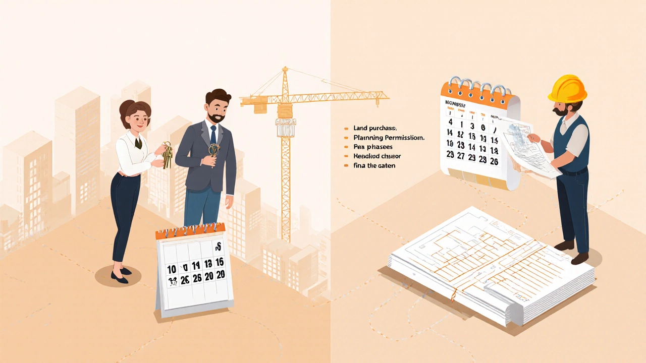 Illustrated timelines comparing quick key handover for buying with months of building steps.