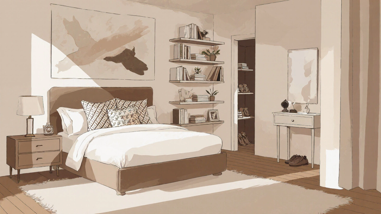 Illustrated transformed bedroom with rug, artwork, vertical shelves and warm lighting.