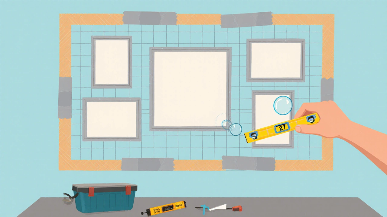 Illustrated wall with painter's tape outline and five framed pieces arranged for a gallery wall.