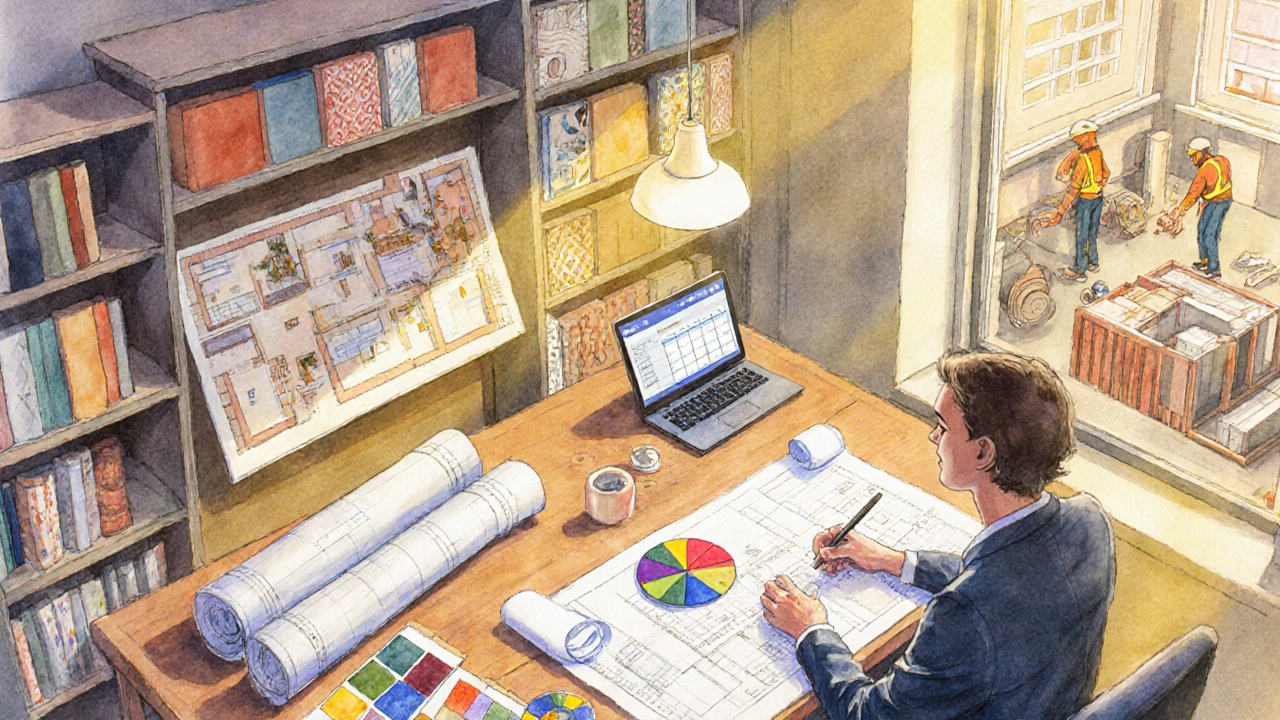 Interior designer at a drafting table with blueprints, material samples, and a model of a London apartment.