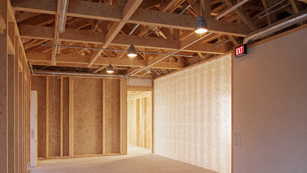 Interior of a wood-framed commercial building showing fire-rated drywall and sprinkler system.
