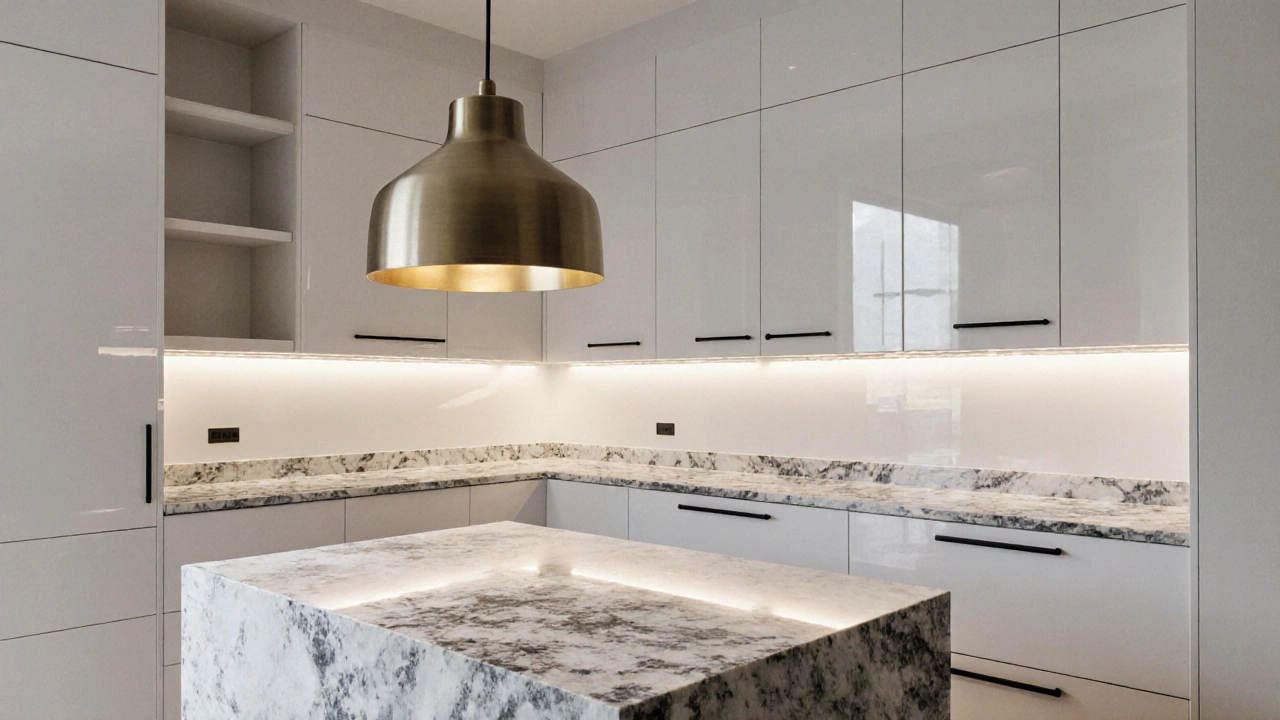 Kitchen corner showcasing brushed‑brass pendant, quartzite countertop, high‑gloss cabinets, and LED under‑lighting.