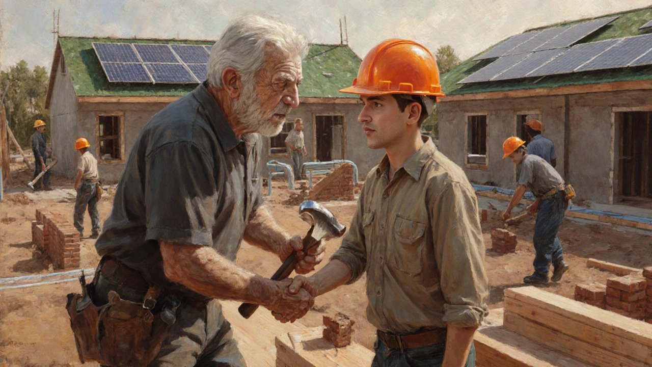 Mentor carpenter handing a hammer to an apprentice among other trainees on a building site.