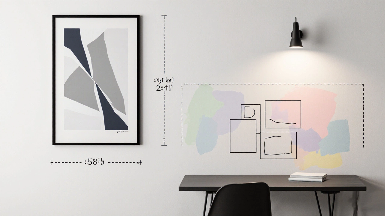 Minimalist line drawing showing eye‑level art placement, wall sconce lighting, and a clustered filler set.