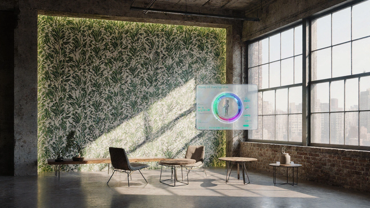 Modern loft with eco-friendly William Morris wallpaper highlighted by subtle LED accents.