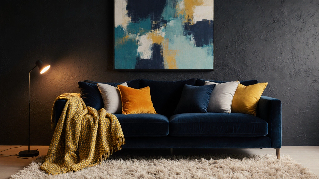 Navy sofa dressed with a mustard throw and mixed cushions, illuminated by warm lighting.