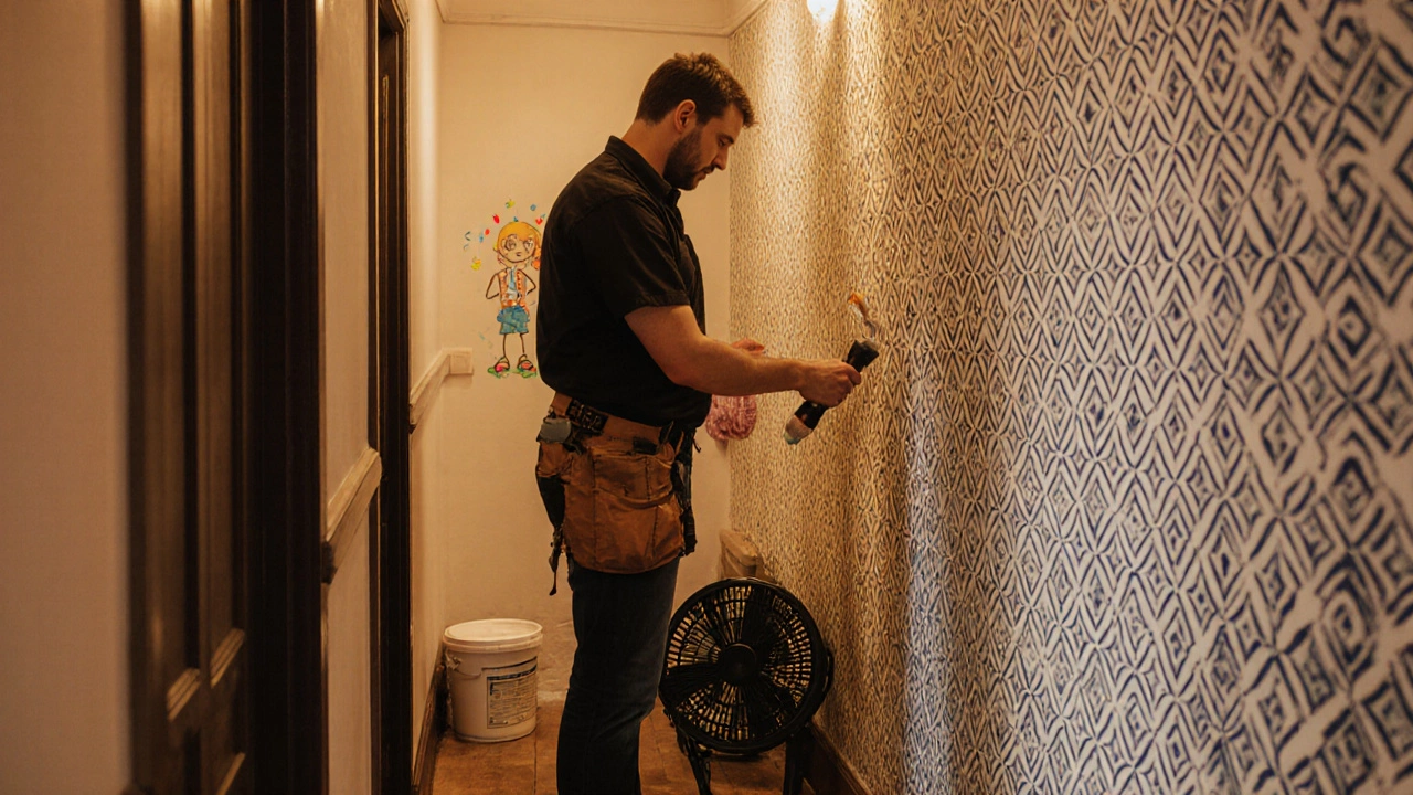Professional installing acoustic wallpaper in historic hallway with kids nearby.