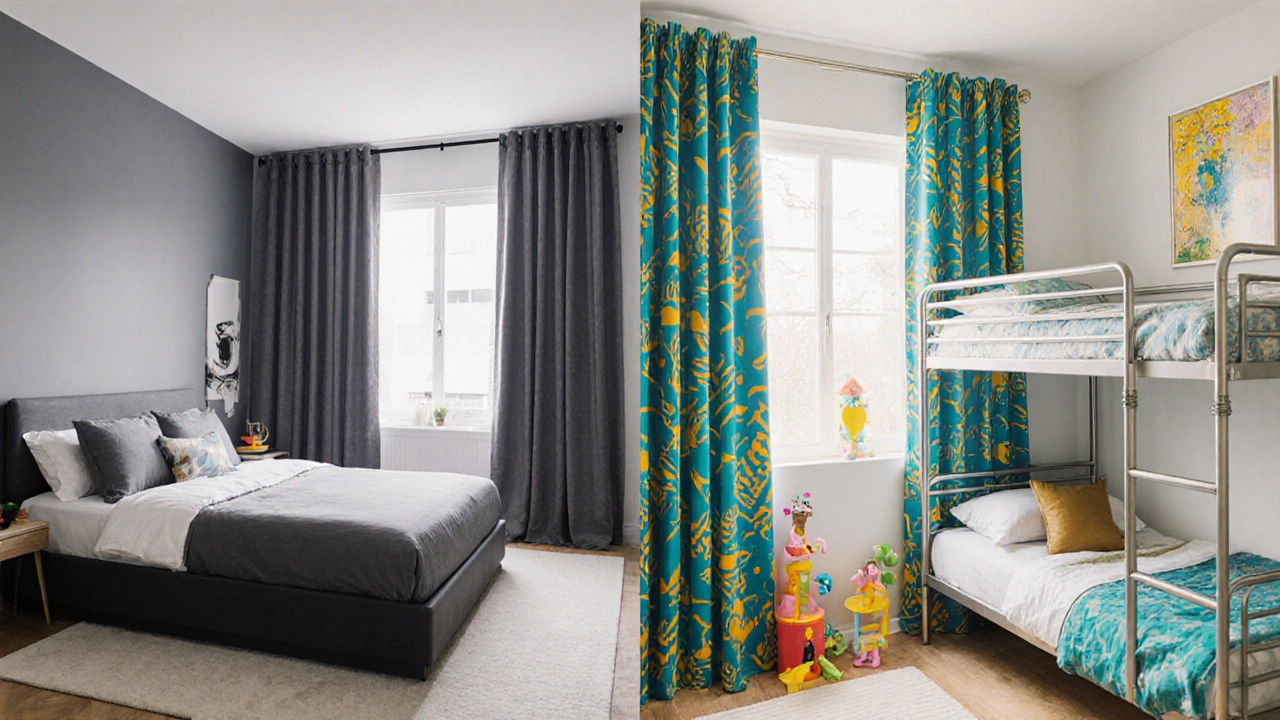 Split view of a minimalist bedroom with grey curtains and a colorful child&#039;s room with patterned curtains.