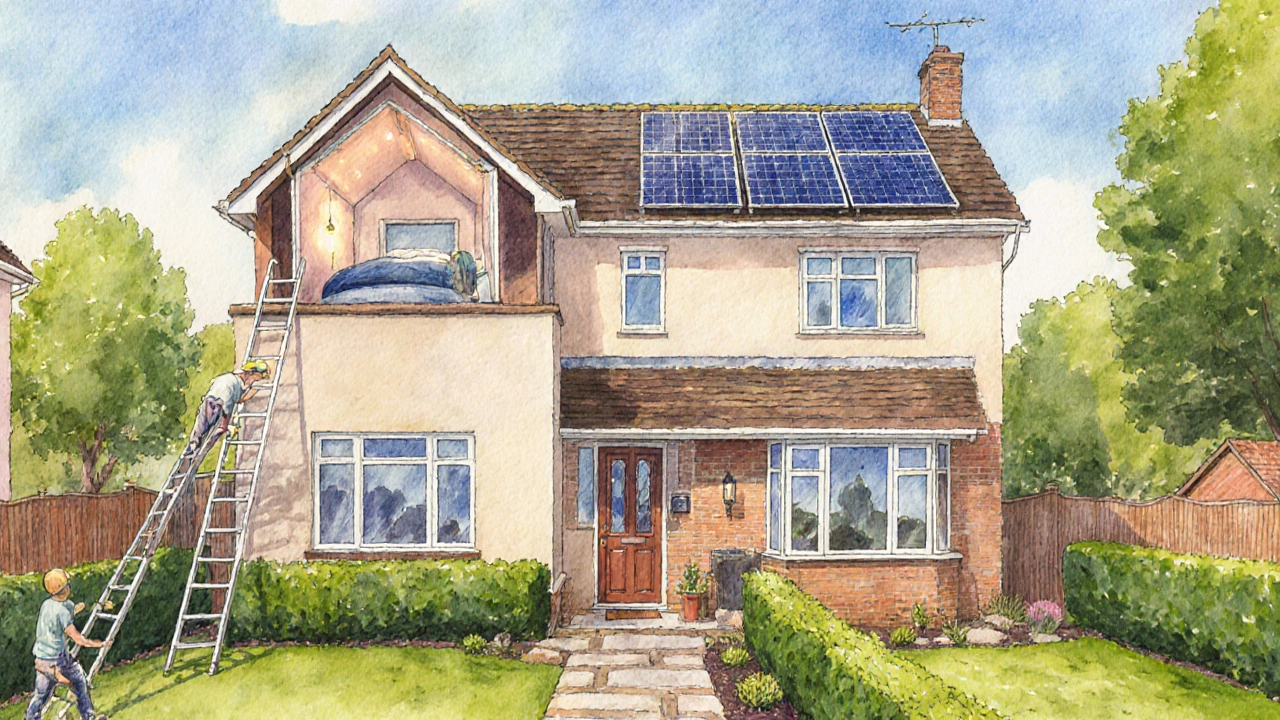 Suburban home showing loft conversion, new double‑glazed windows, solar panels, and fresh garden landscaping.