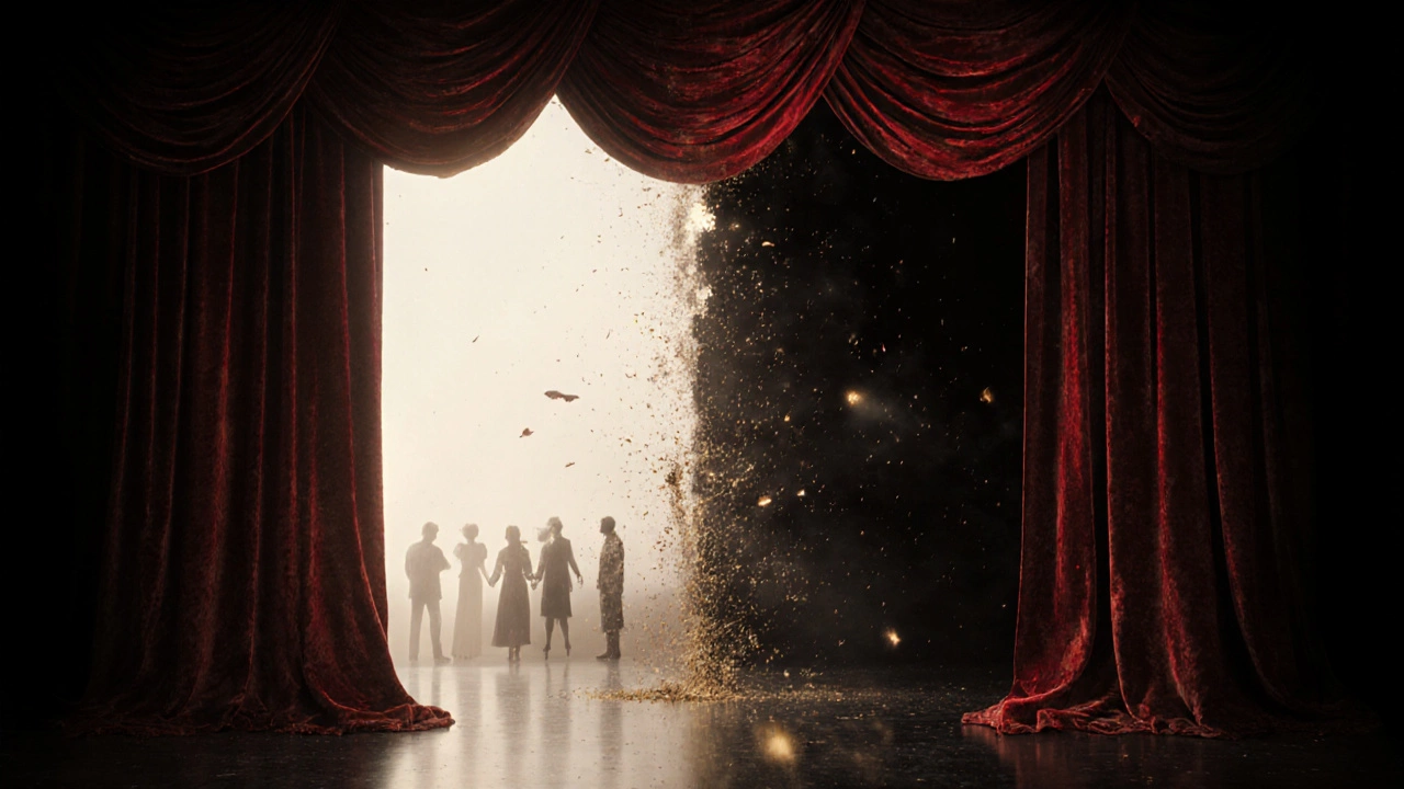 Symbolic proscenium curtain suspended between darkness and golden stage light, representing the boundary of performance.