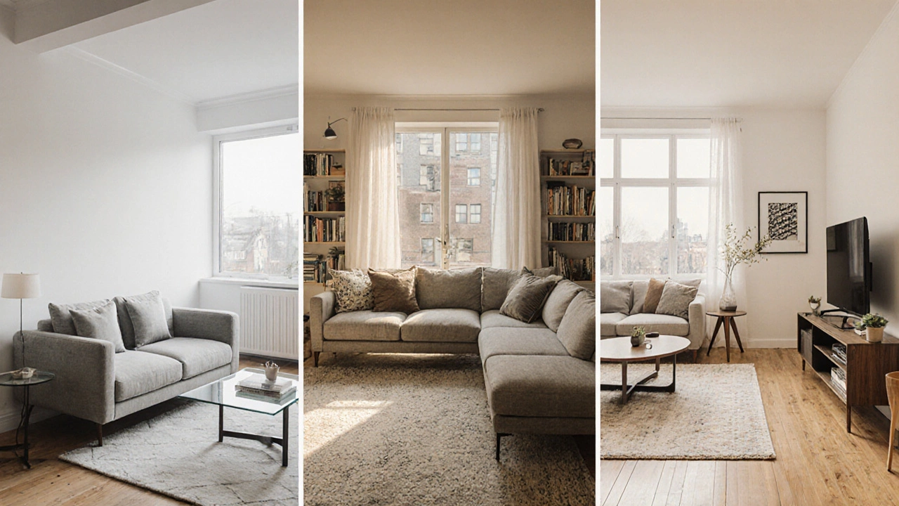 Three living rooms displaying sofas with 20×20, 21×21, and 22×22 inch cushions.
