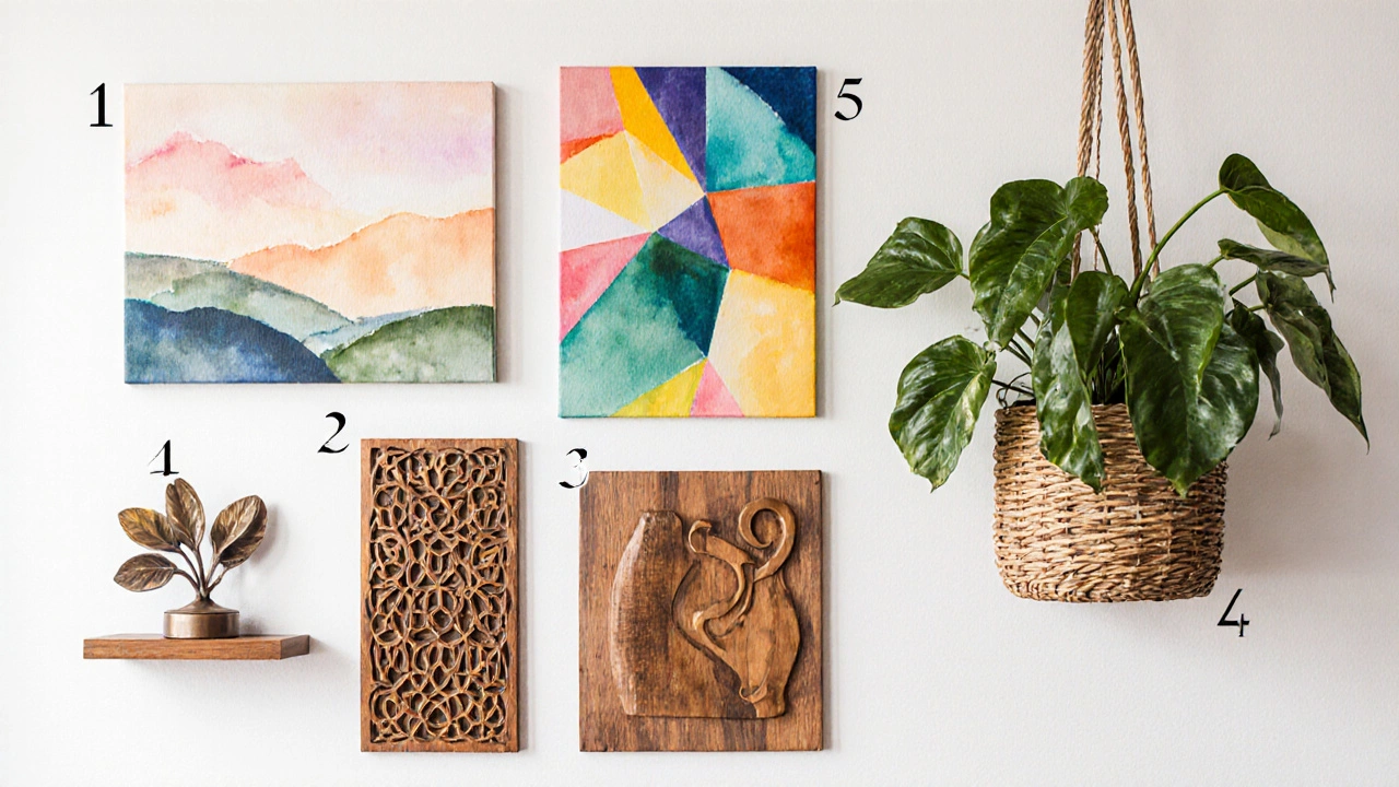 Watercolor collage of canvas print, mural, wooden panel, bronze sculpture, and hanging plant.