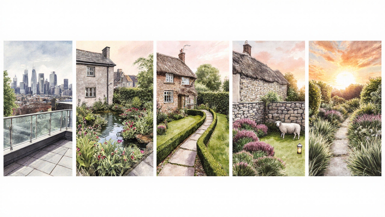 Watercolor collage of six UK regional gardens, from London rooftop to Yorkshire fields.