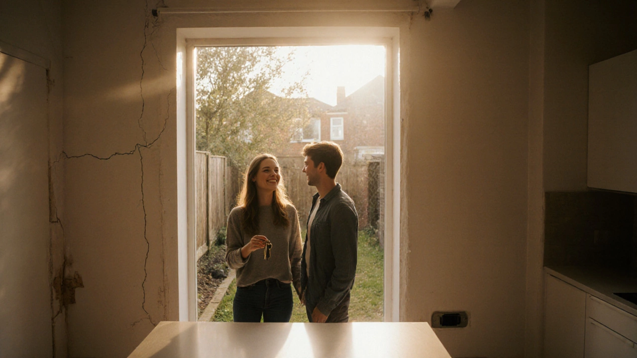 Young couple celebrates in their newly repaired home, holding keys.