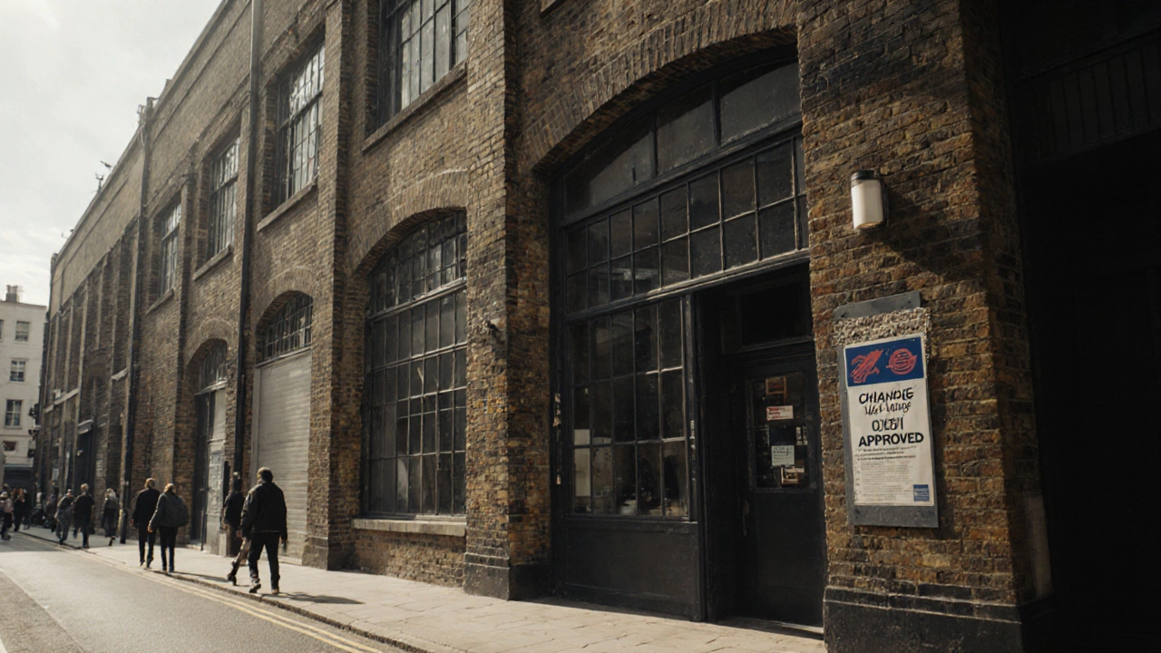 A converted warehouse turned co-working space in East London, with industrial architecture and a planning approval notice on the door.