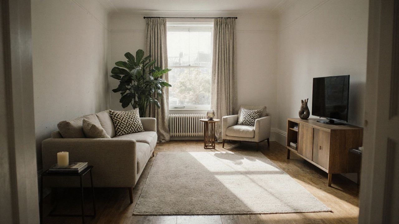 A rectangular living room arranged in two zones with a tall plant beside the TV stand and soft natural lighting.