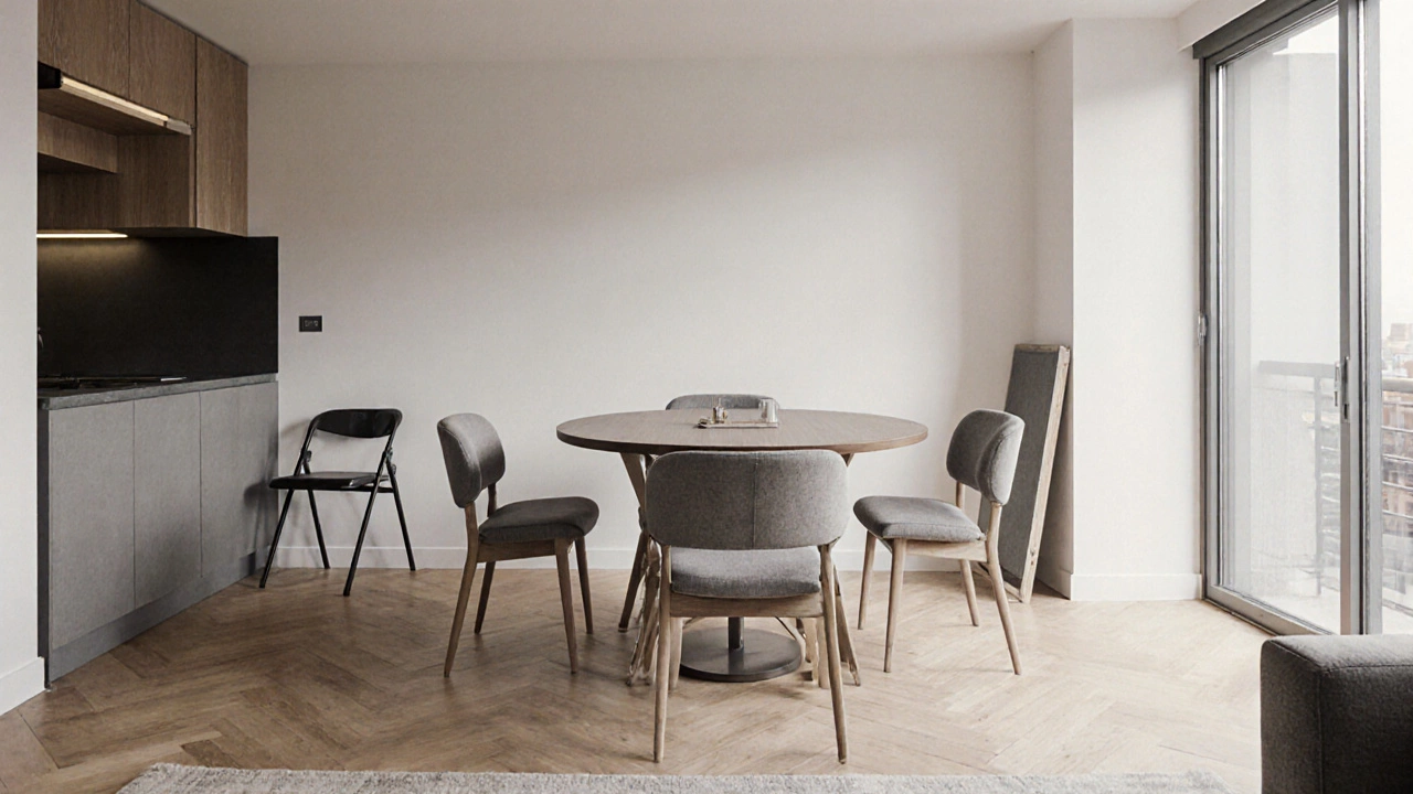 A round dining table with four chairs and two benches in a compact London flat, showcasing space-efficient seating.