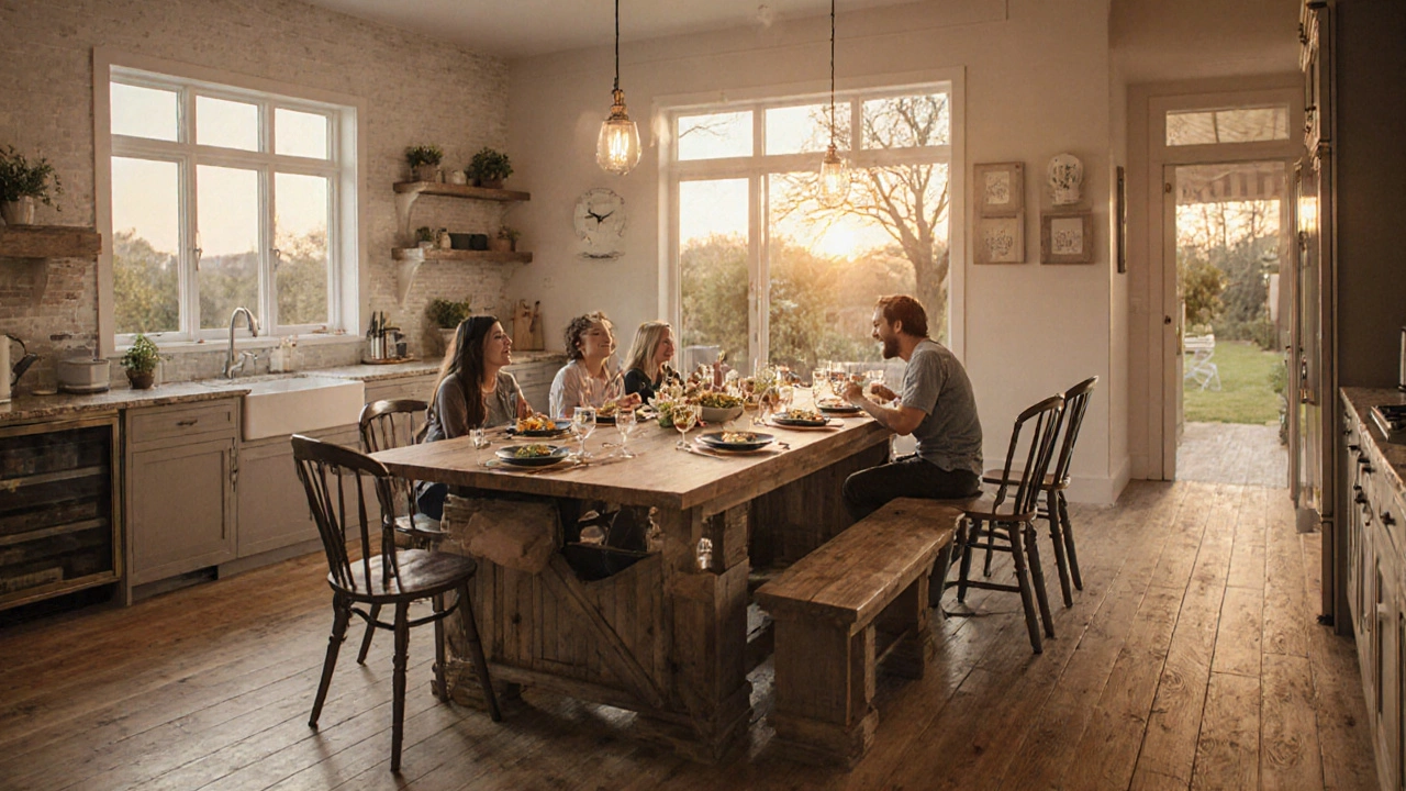 An extended dining table seating eight with benches and hidden extra chairs, lit by warm golden hour light.