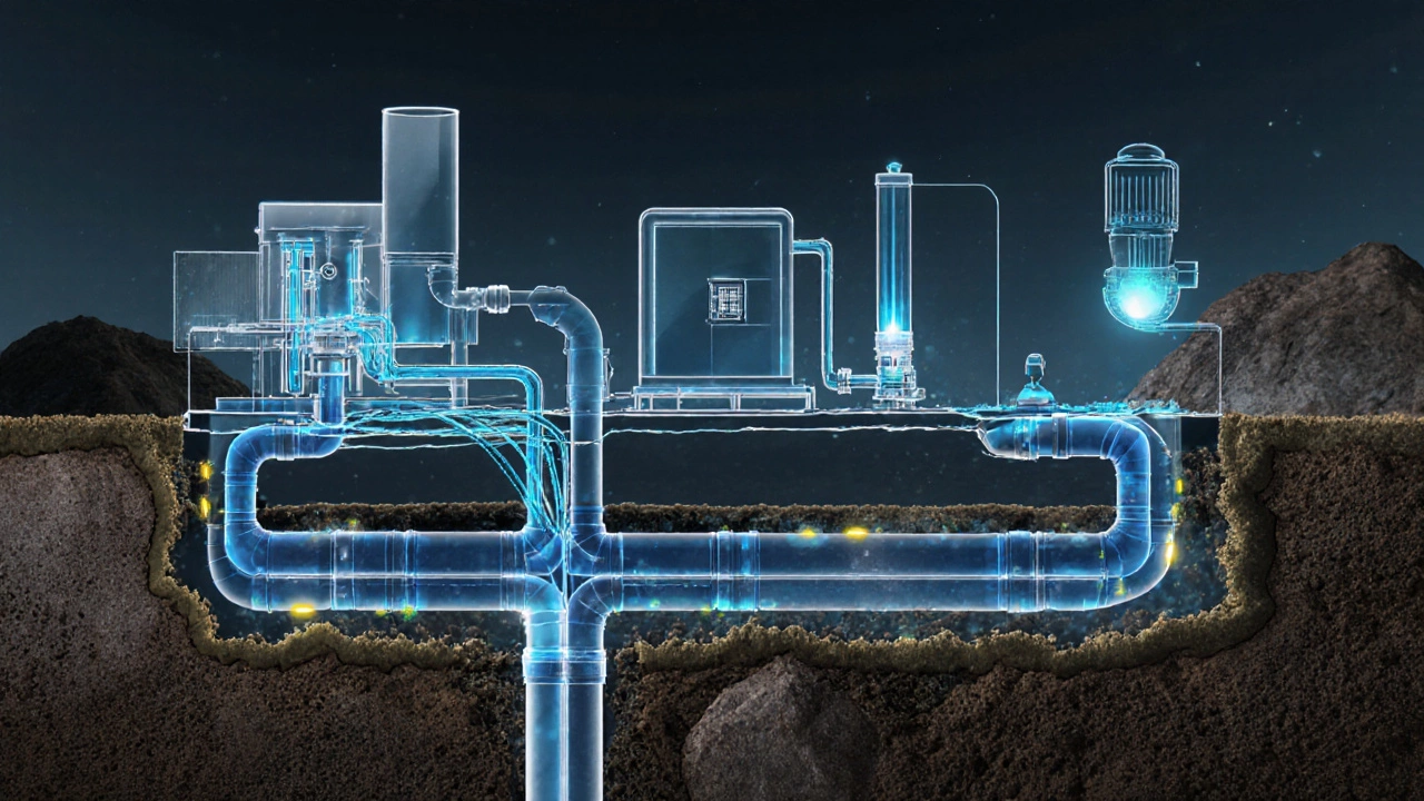 Cross-section view of underground water and sewage pipes with embedded sensors.