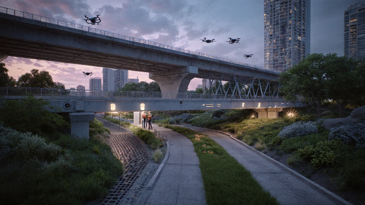 Futuristic 3D-printed bridge with green stormwater features in an urban setting.