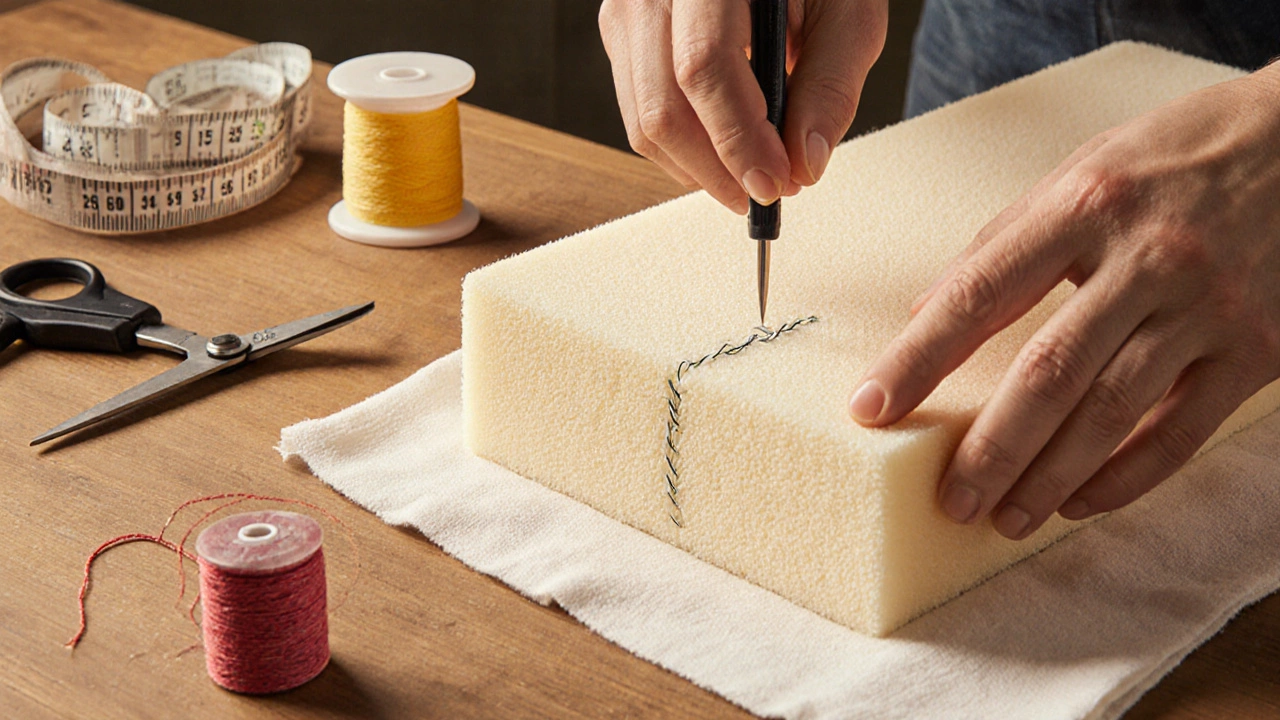 Hands stitching foam core back to fiber wrap using heavy-duty upholstery needle and thread.
