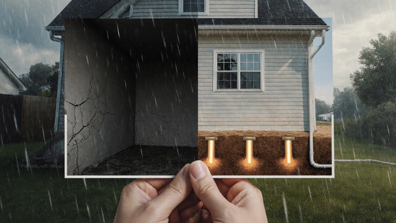 Homeowner holding before-and-after photos of their foundation, one side damaged, the other repaired with glowing piers underground.